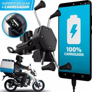 Suporte Celular Moto Tipo X Carregador Celular GPS Motoboy Entrada USB Cabo Conector Universal - Imagem 2